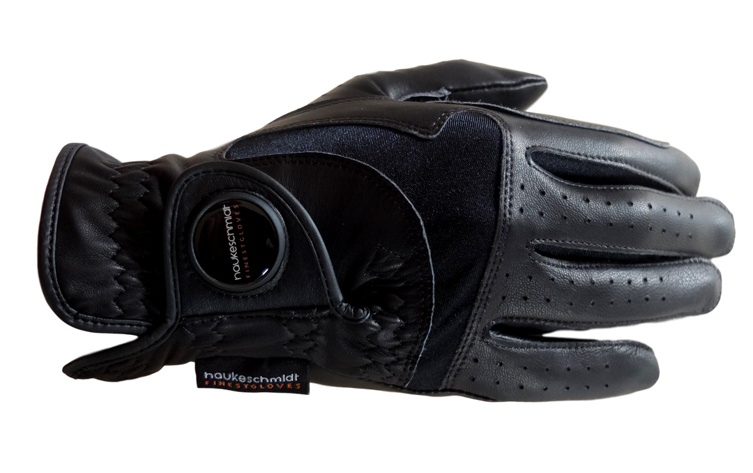 Hauke Schmidt Arabella black leather riding gloves, pair on a dark background