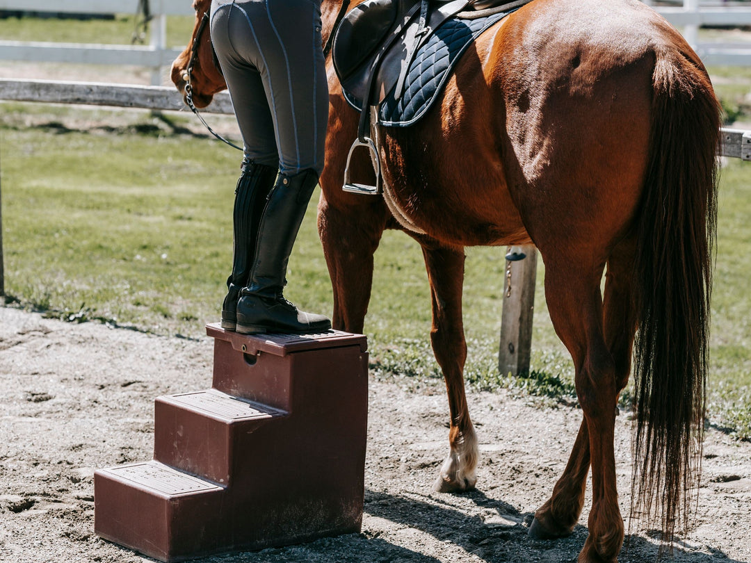 Rider standing on a mounting block beside a saddled chestnut horse, boot level with the stirrup