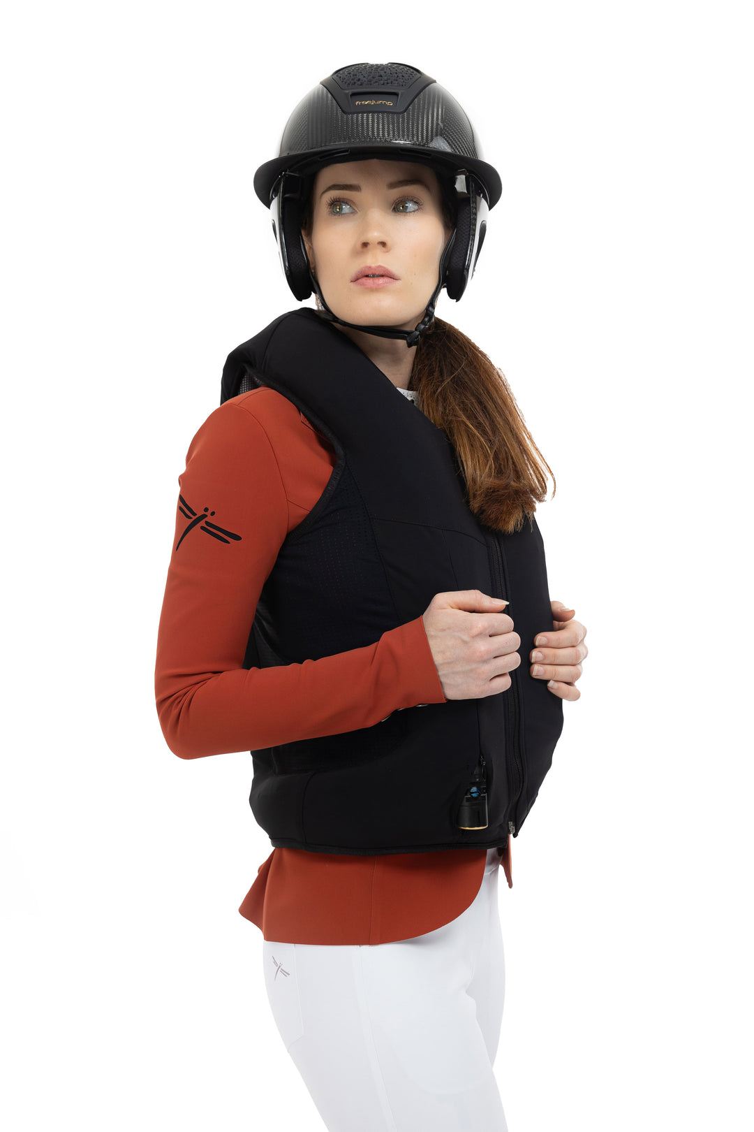 Rider wearing a Freejump airbag vest over a riding top