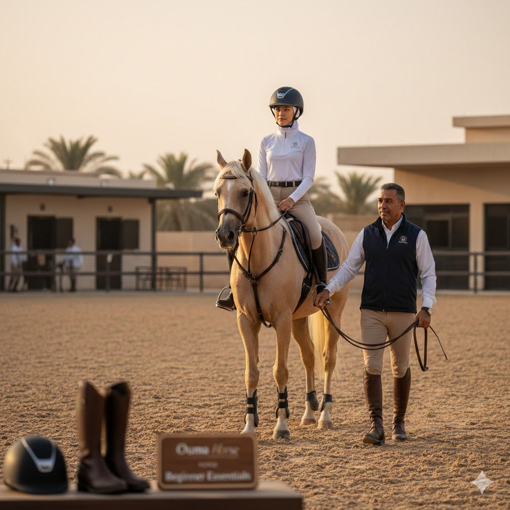 Instructor leading a horse with a beginner rider at a riding school
