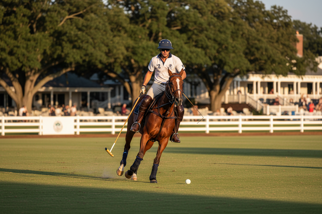 Polo player riding a bay horse on the field