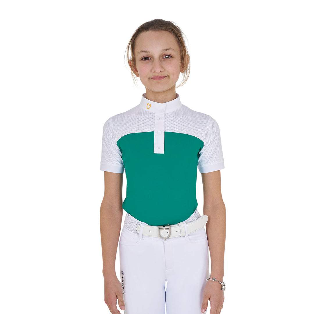 Girls' slim fit competition polo shirt with perforated fabric