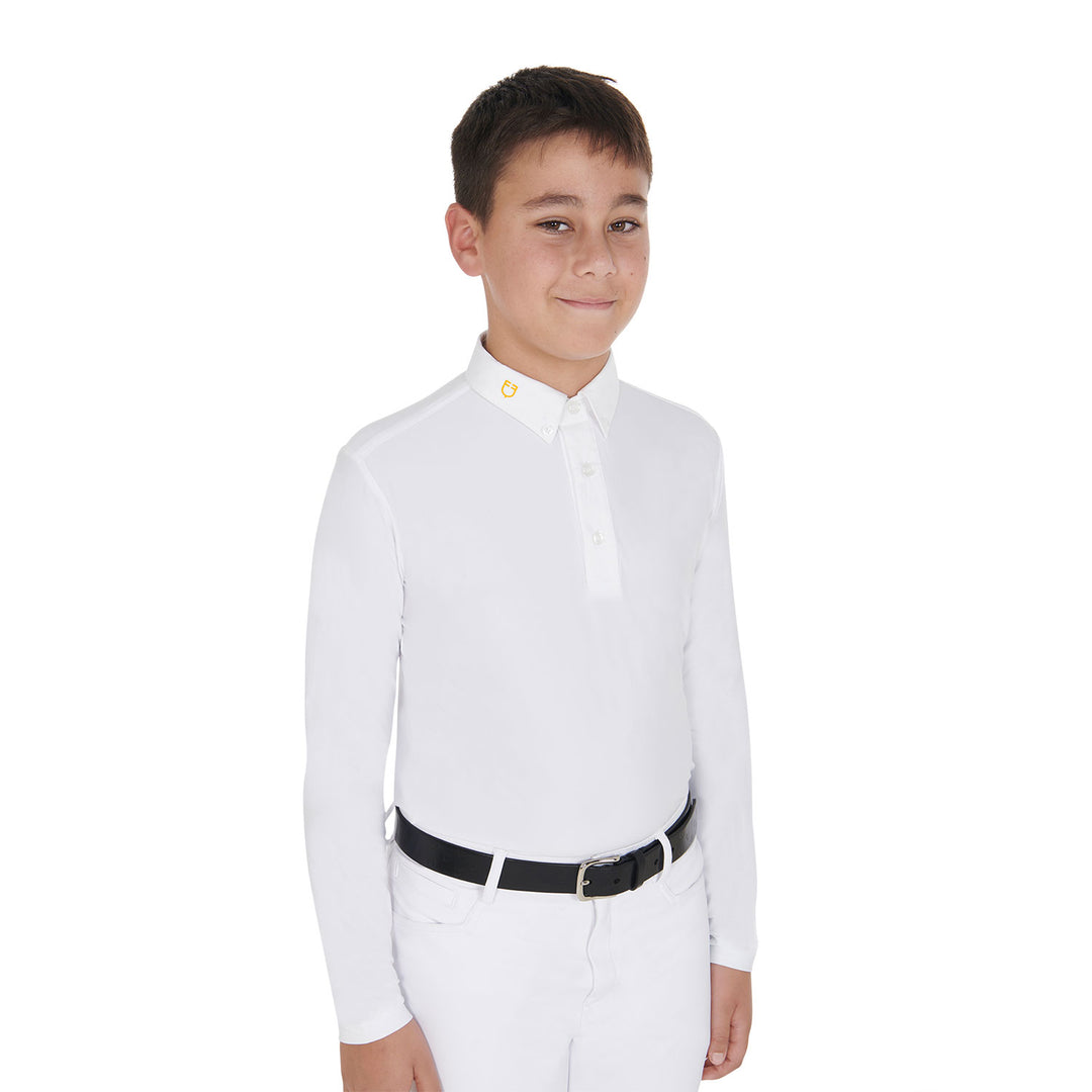 Boy's long-sleeved polo shirt in technical fleece fabric