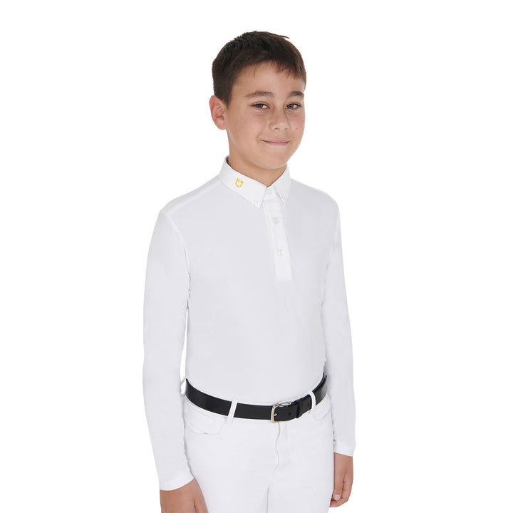 Boy's long-sleeved polo shirt in technical fleece fabric