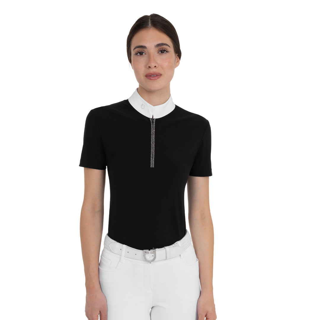 Women's Short-sleeved Competition Polo Shirt With Rhinestones - Black