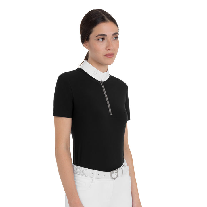Women's Short-sleeved Competition Polo Shirt With Rhinestones - Black