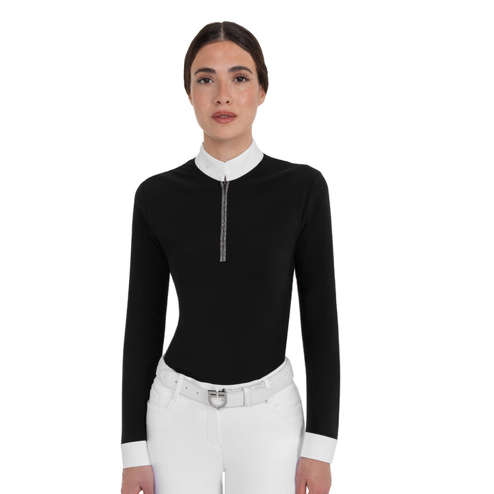 Women's Long-sleeved Competition Polo Shirt With Rhinestones - Black