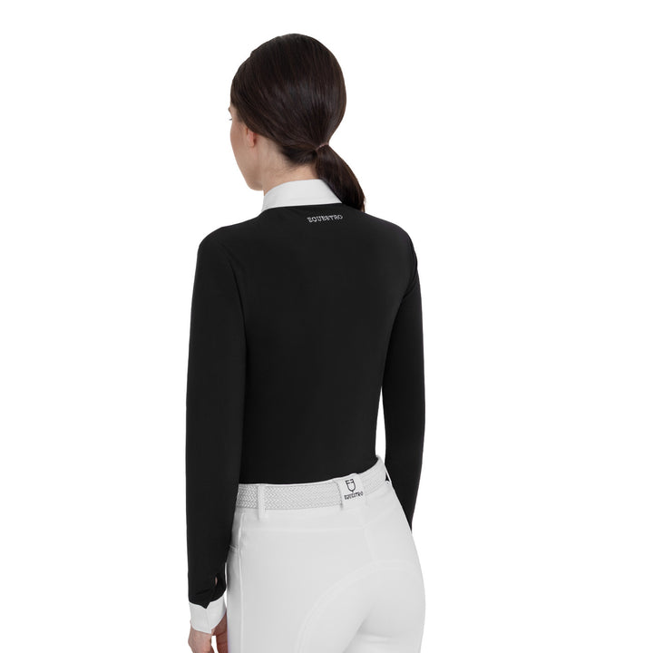 Women's Long-sleeved Competition Polo Shirt With Rhinestones - Black