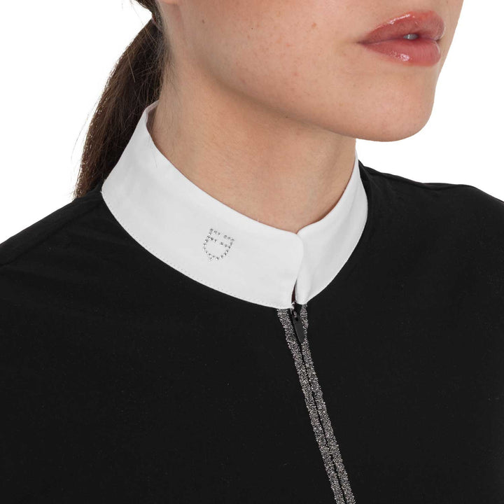 Women's Long-sleeved Competition Polo Shirt With Rhinestones - Black