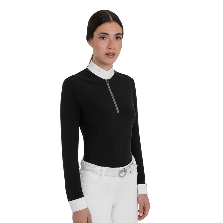 Women's Long-sleeved Competition Polo Shirt With Rhinestones - Black
