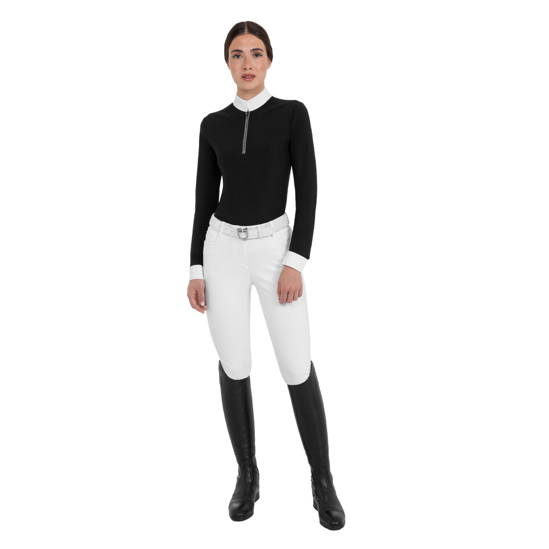 Women's Long-sleeved Competition Polo Shirt With Rhinestones - Black