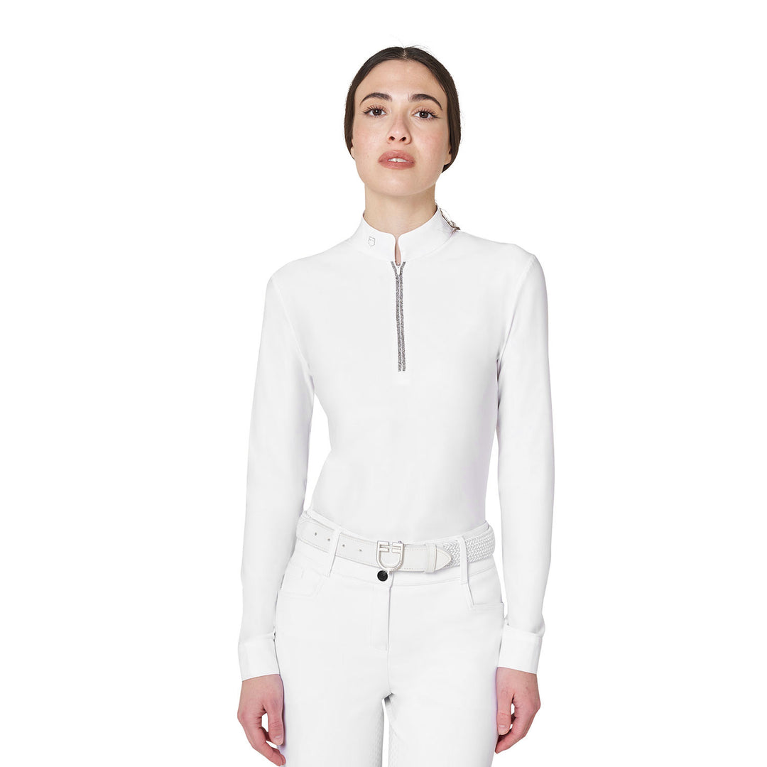 Women's Long-sleeved Competition Polo Shirt With Rhinestones - White