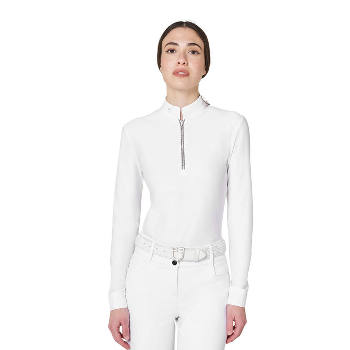 Women's Long-sleeved Competition Polo Shirt With Rhinestones - White