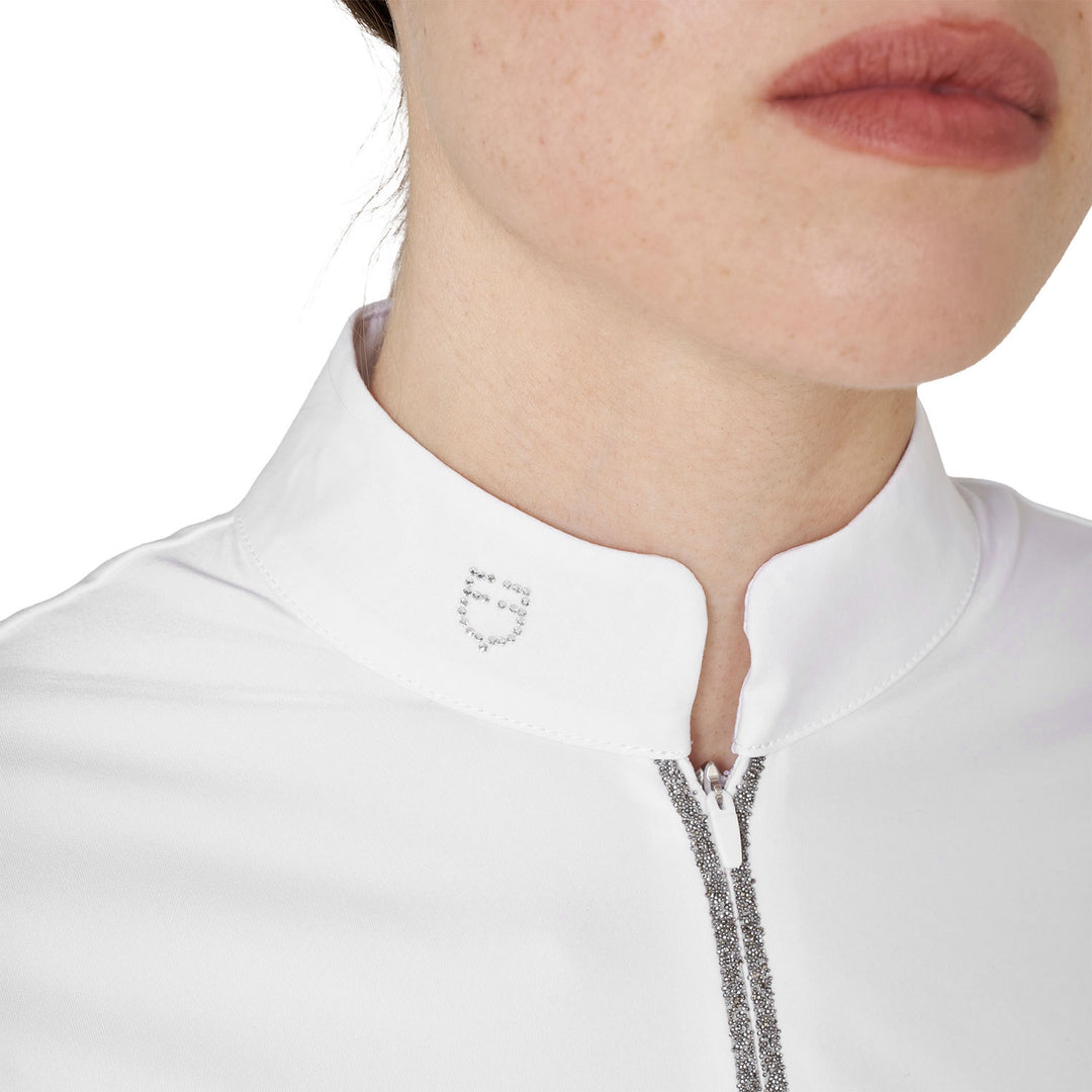 Women's Long-sleeved Competition Polo Shirt With Rhinestones - White