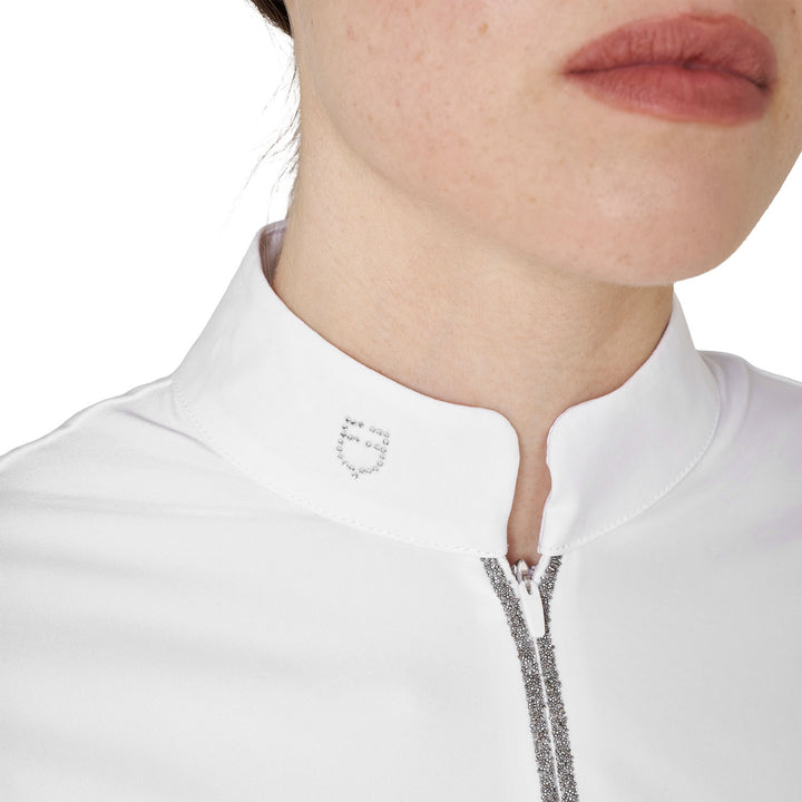 Women's Long-sleeved Competition Polo Shirt With Rhinestones - White