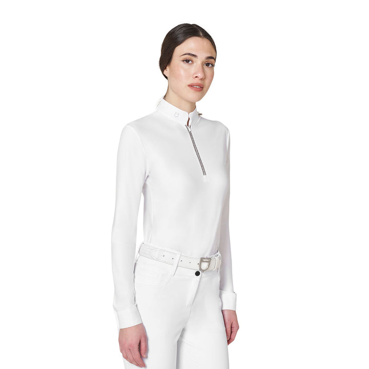 Women's Long-sleeved Competition Polo Shirt With Rhinestones - White