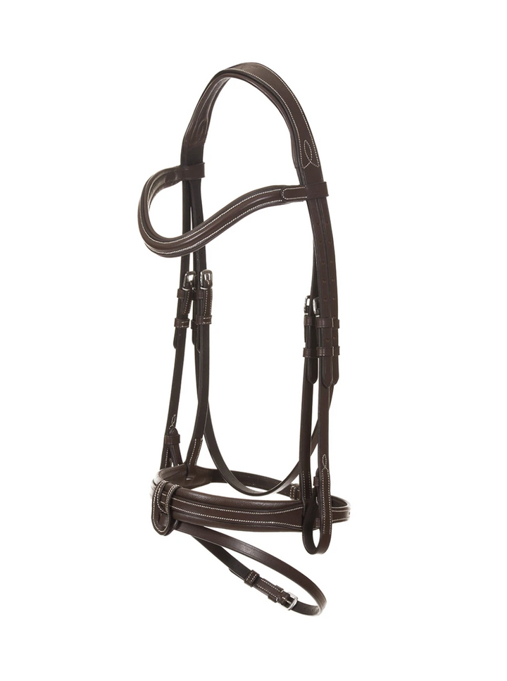 Bridle with sleek anatomical headpiece and convex noseband